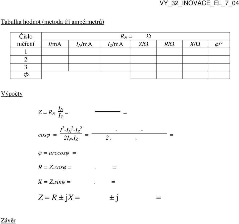 Z = R N I N I Z = = cosφ = I2 -I N 2 -I Z 2 2I N.