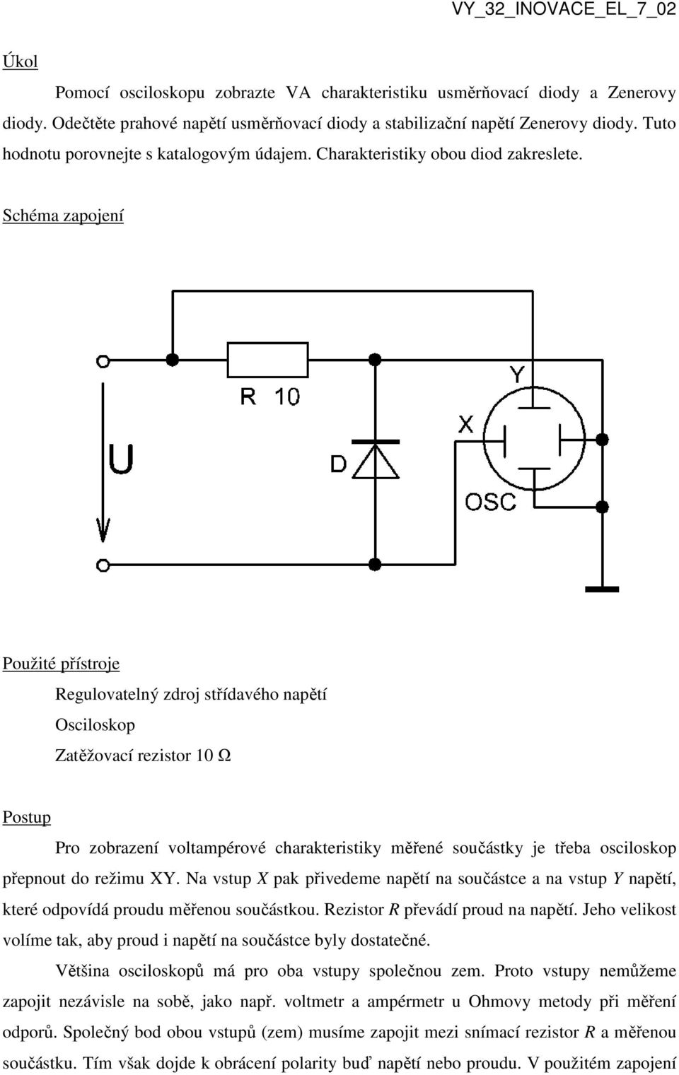 Schéma zapojení Použité přístroje Regulovatelný zdroj střídavého napětí Osciloskop Zatěžovací rezistor 10 Ω Postup Pro zobrazení voltampérové charakteristiky měřené součástky je třeba osciloskop
