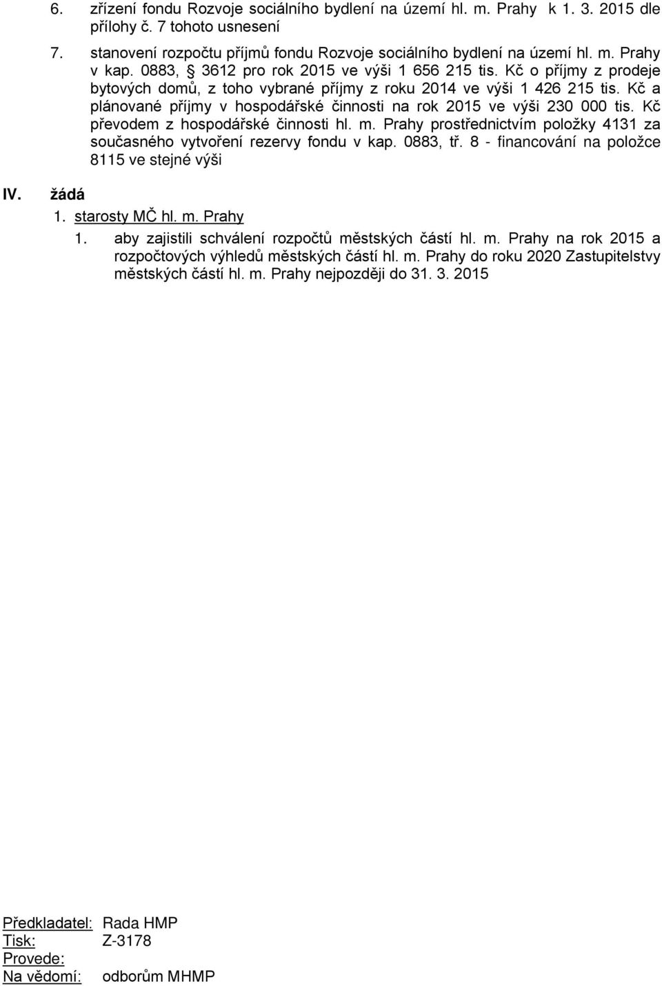 Kč a plánované příjmy v hospodářské činnosti na rok 2015 ve výši 230 000 tis. Kč převodem z hospodářské činnosti hl. m. Prahy prostřednictvím položky 4131 za současného vytvoření rezervy fondu v kap.