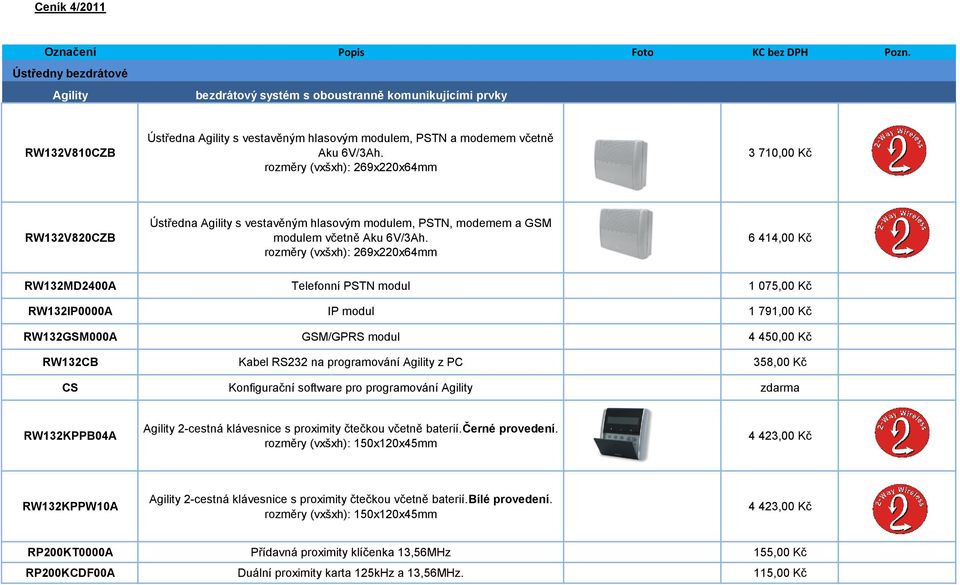 rozměry (vxšxh): 269x220x64mm 3 710,00 Kč RW132V820CZB Ústředna Agility s vestavěným hlasovým modulem, PSTN, modemem a GSM modulem včetně Aku 6V/3Ah.