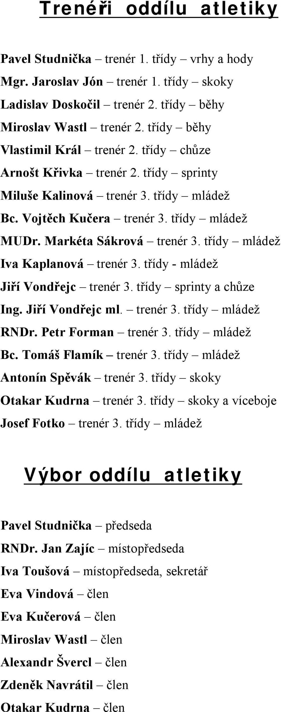 třídy mládež Iva Kaplanová trenér 3. třídy - mládež Jiří Vondřejc trenér 3. třídy sprinty a chůze Ing. Jiří Vondřejc ml. trenér 3. třídy mládež RNDr. Petr Forman trenér 3. třídy mládež Bc.