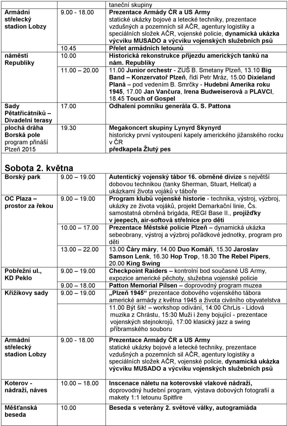 výcviku MUSADO a výcviku vojenských služebních psů 10.45 Přelet armádních letounů 10.00 Historická rekonstrukce příjezdu amerických tanků na nám. 11.00 20.00 11.00 Junior orchestr - ZUŠ B.