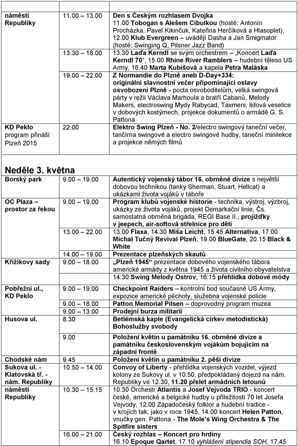 00 Rhine River Ramblers hudební těleso US Army, 16.40 Marta Kubišová a kapela Petra Maláska 19.00 22.