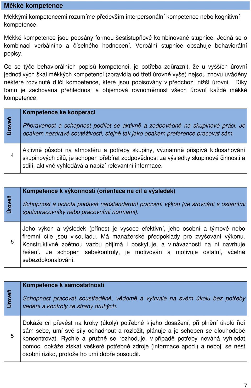 Co se týče behaviorálních popisů kompetencí, je potřeba zdůraznit, že u vyšších úrovní jednotlivých škál měkkých kompetencí (zpravidla od třetí úrovně výše) nejsou znovu uváděny některé rozvinuté