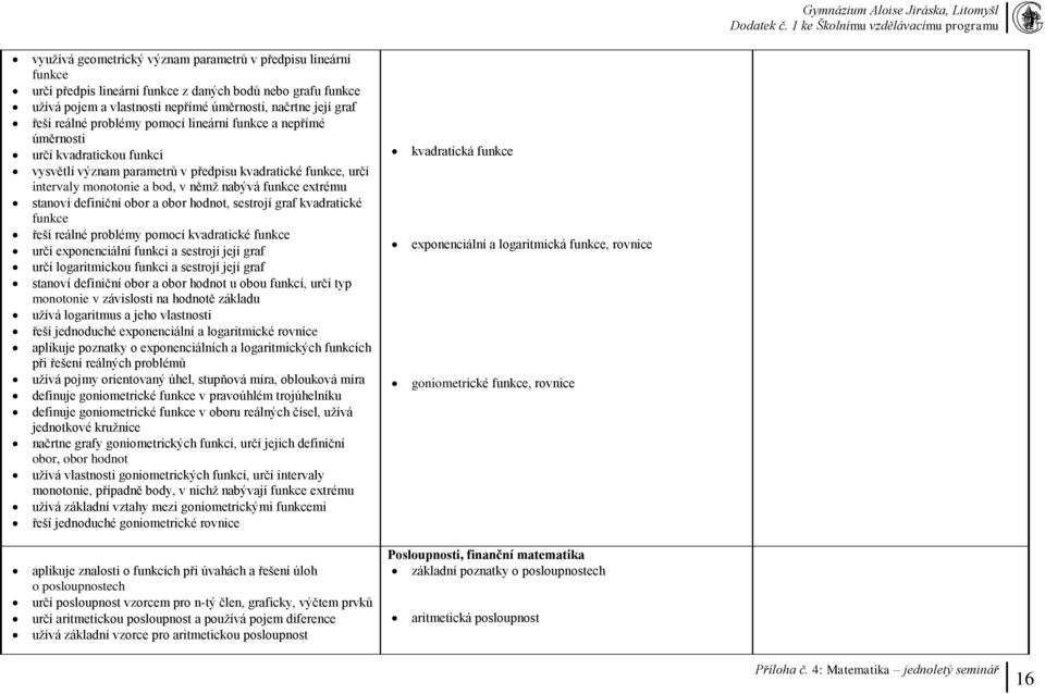 stanoví definiční obor a obor hodnot, sestrojí graf kvadratické funkce řeší reálné problémy pomocí kvadratické funkce určí exponenciální funkci a sestrojí její graf určí logaritmickou funkci a