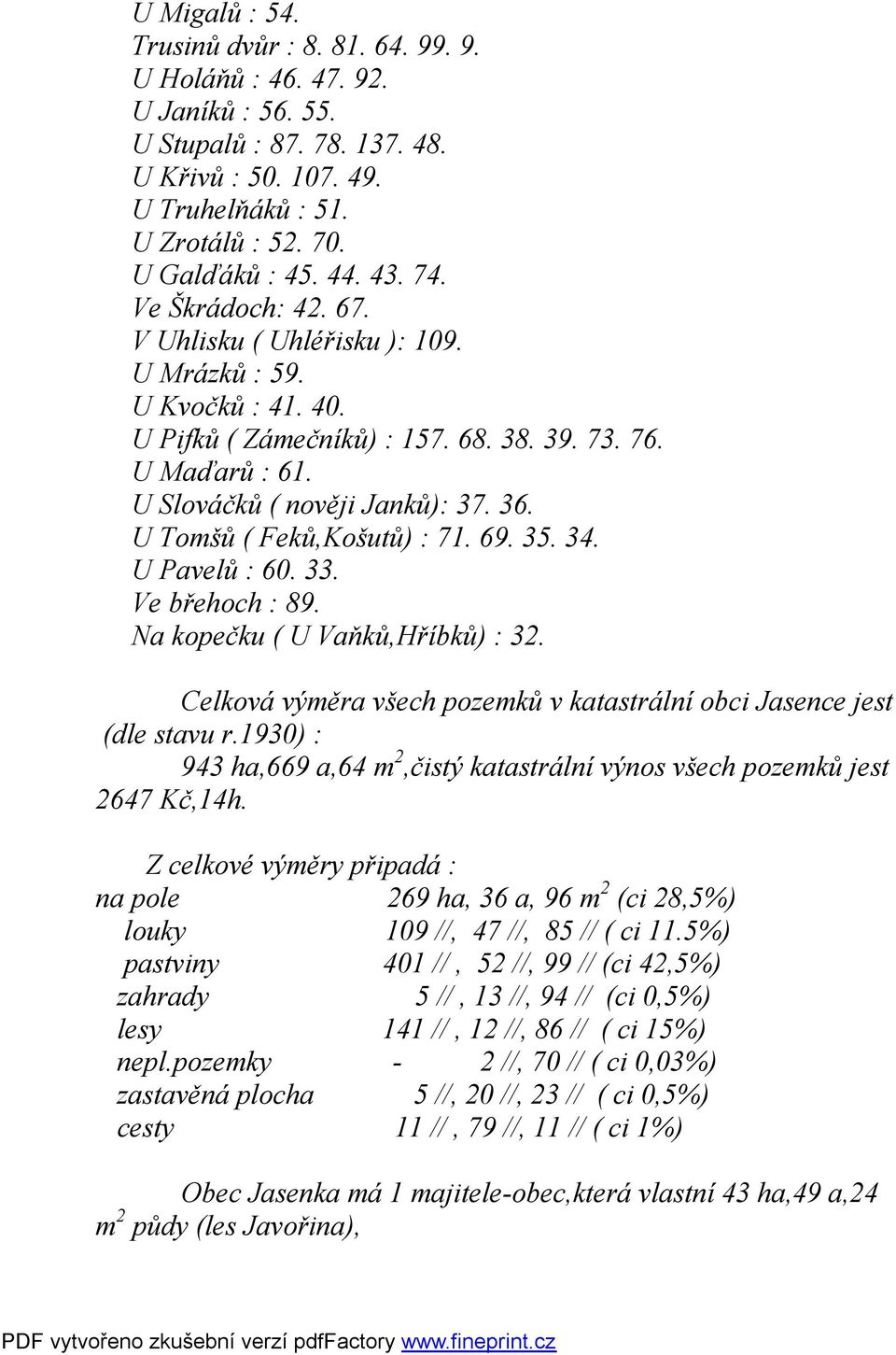 U Tomšů ( Feků,Košutů) : 71. 69. 35. 34. U Pavelů : 60. 33. Ve břehoch : 89. Na kopečku ( U Vaňků,Hříbků) : 32. Celková výměra všech pozemků v katastrální obci Jasence jest (dle stavu r.