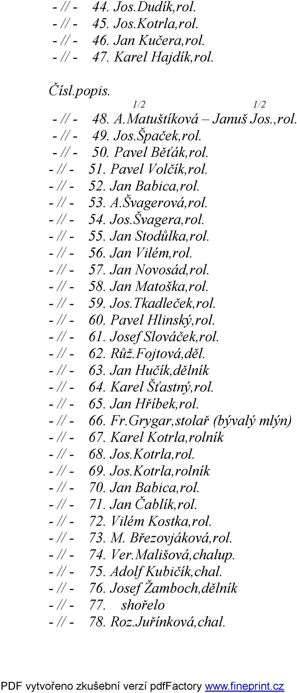 - // - 57. Jan Novosád,rol. - // - 58. Jan Matoška,rol. - // - 59. Jos.Tkadleček,rol. - // - 60. Pavel Hlinský,rol. - // - 61. Josef Slováček,rol. - // - 62. Růž.Fojtová,děl. - // - 63.