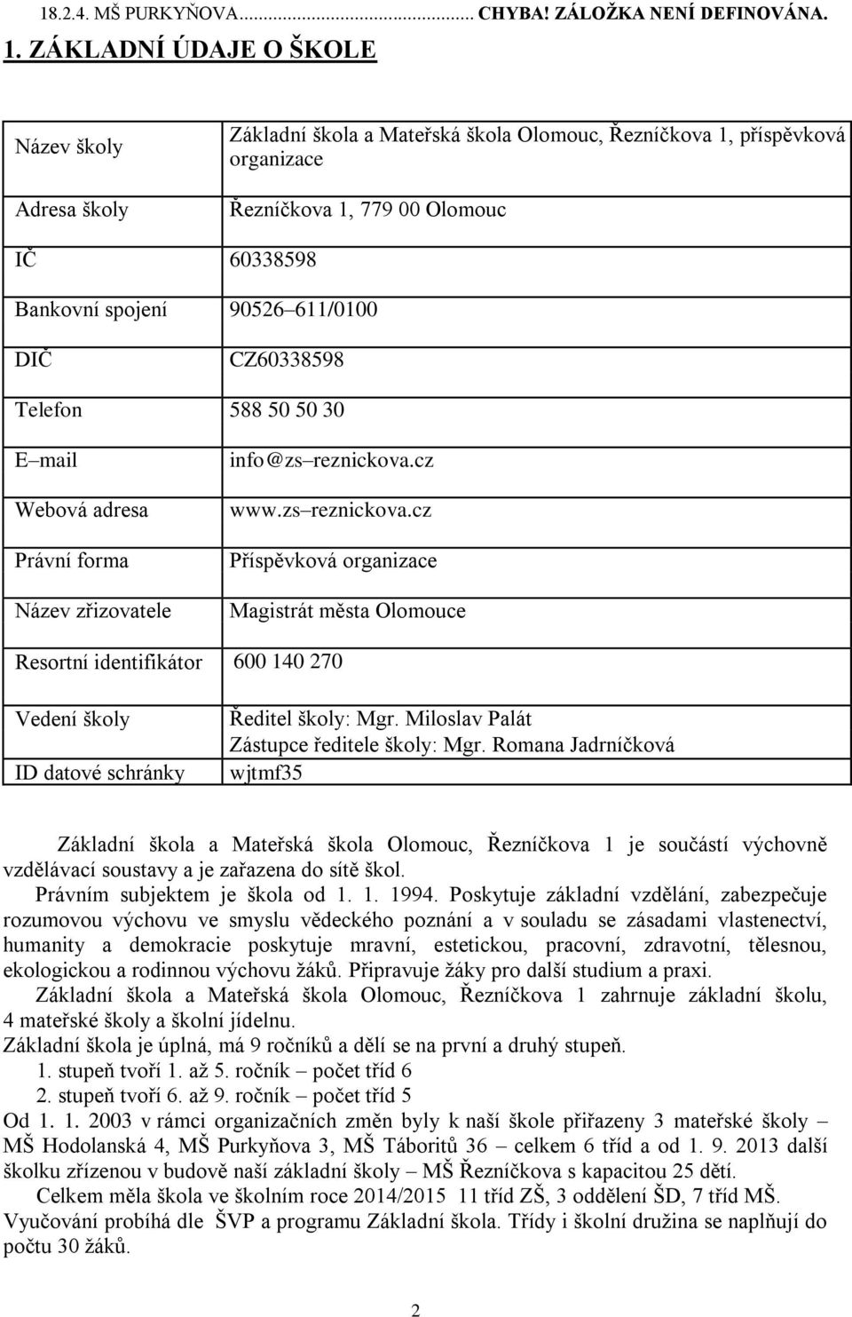 DIČ CZ60338598 Telefon 588 50 50 30 E mail Webová adresa Právní forma Název zřizovatele info@zs reznickova.