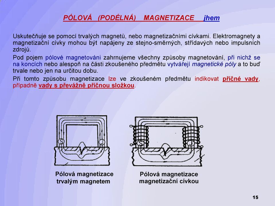 Pod pojem pólové magnetováni zahrnujeme všechny způsoby magnetování, při nichž se na koncích nebo alespoň na části zkoušeného předmětu vytvářejí