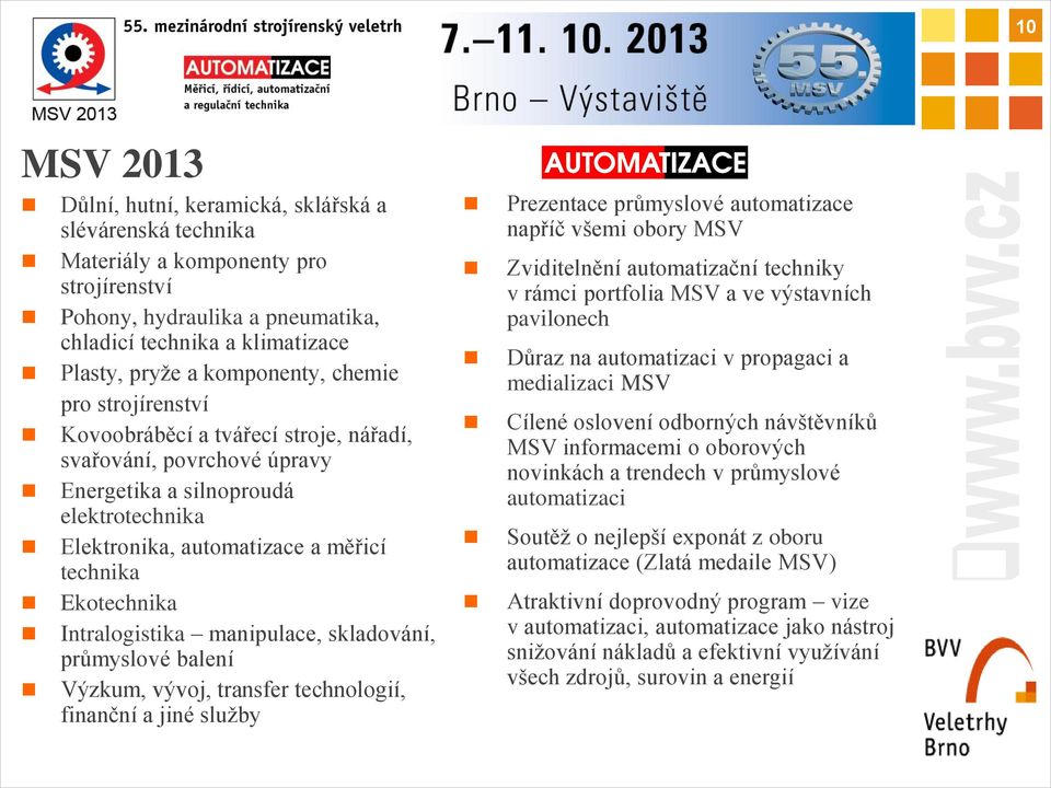 Ekotechnika Intralogistika manipulace, skladování, průmyslové balení Výzkum, vývoj, transfer technologií, finanční a jiné služby Prezentace průmyslové automatizace napříč všemi obory MSV Zviditelnění