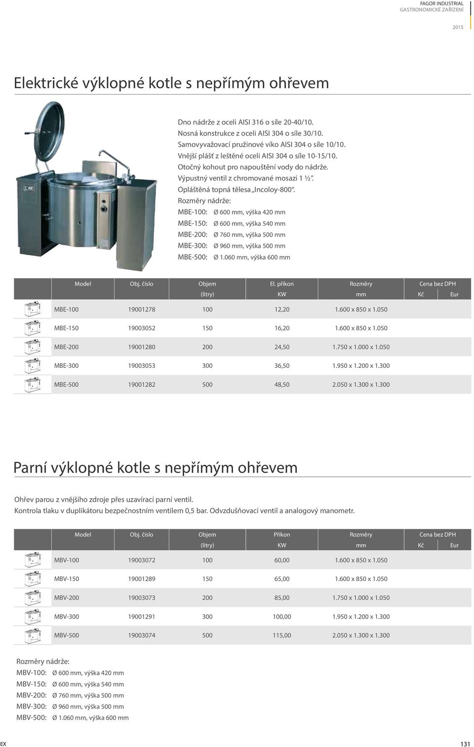 Opláštěná topná tělesa Incoloy-800. MBE-100: Ø 600 mm, výška 420 mm MBE-150: Ø 600 mm, výška 540 mm MBE-200: Ø 760 mm, výška 500 mm MBE-300: Ø 960 mm, výška 500 mm MBE-500: Ø 1.