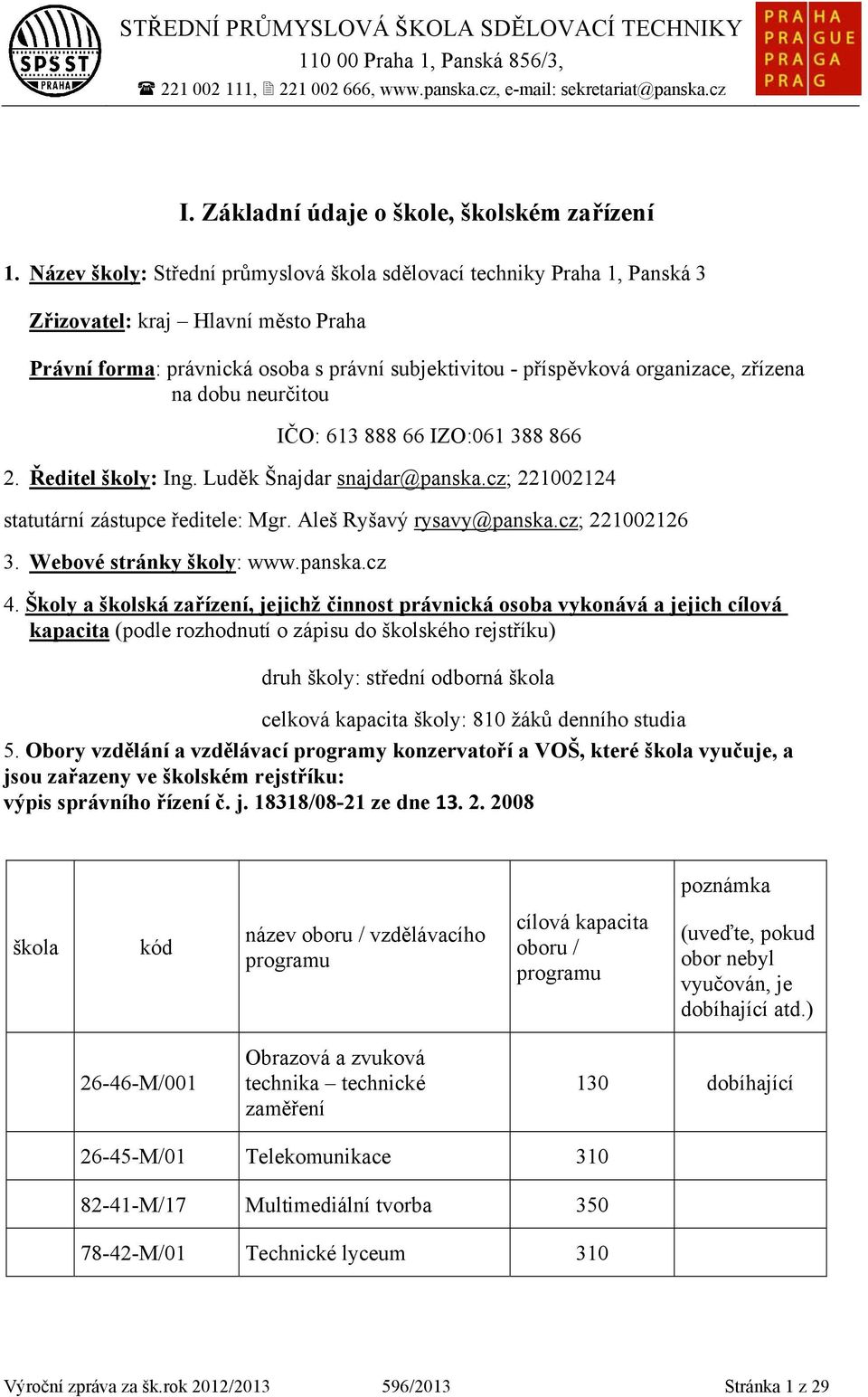 dobu neurčitou IČO: 63 888 66 IZO:06 388 866. Ředitel školy: Ing. Luděk Šnajdar snajdar@panska.cz; 004 statutární zástupce ředitele: Mgr. Aleš Ryšavý rysavy@panska.cz; 006 3.