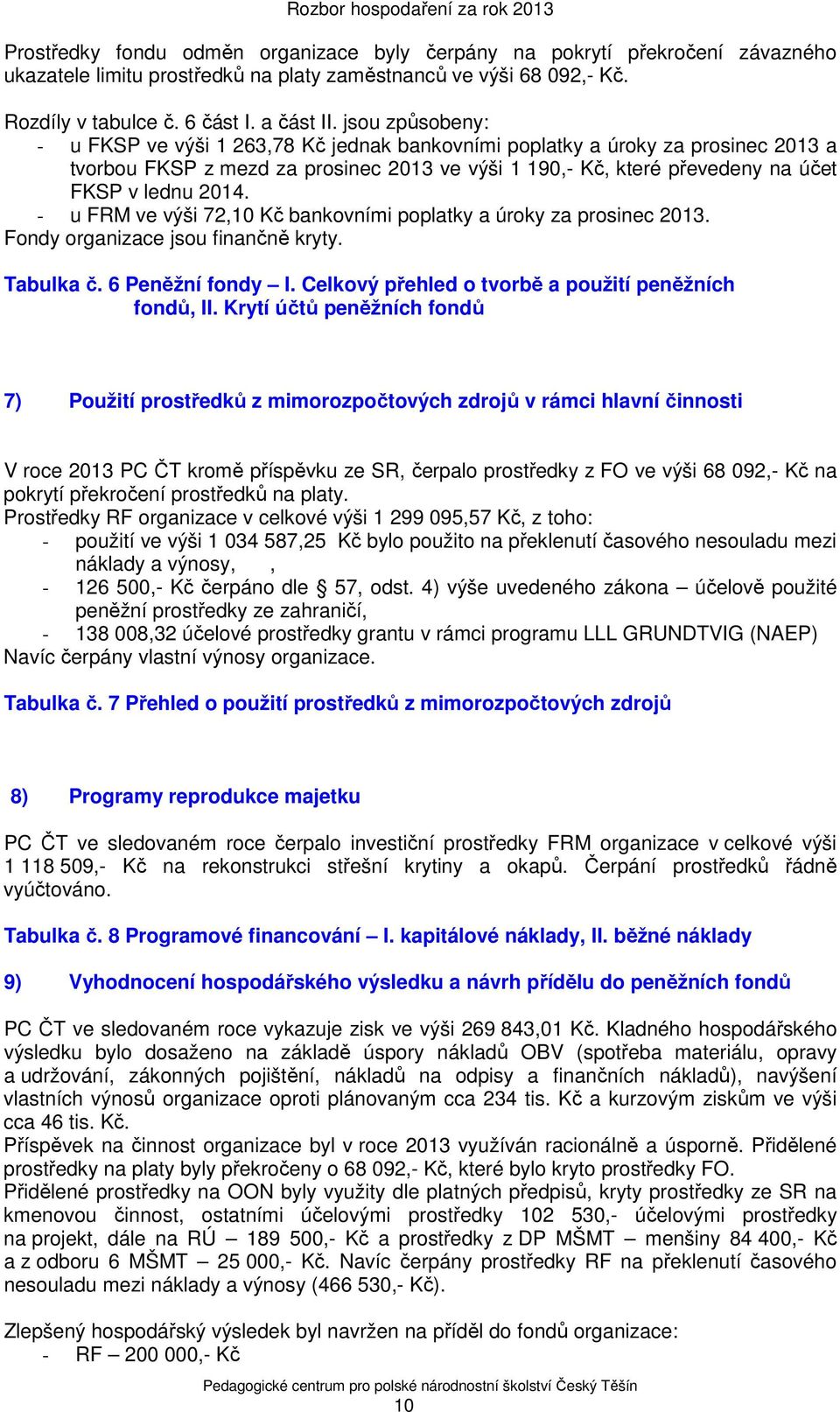 - u FRM ve výši 72,10 Kč bankovními poplatky a úroky za prosinec 2013. Fondy organizace jsou finančně kryty. Tabulka č. 6 Peněžní fondy I. Celkový přehled o tvorbě a použití peněžních fondů, II.