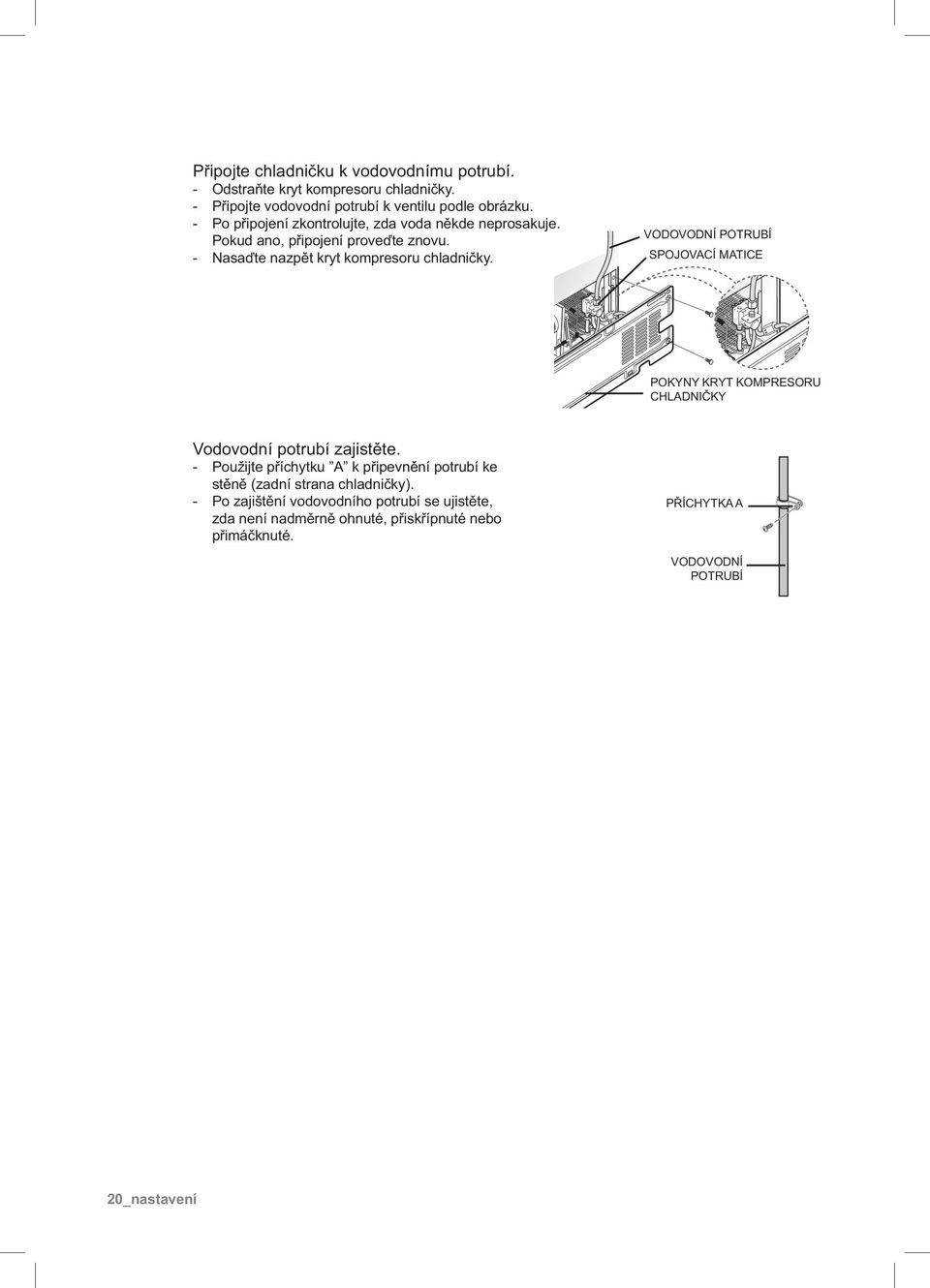 VODOVODNÍ POTRUBÍ SPOJOVACÍ MATICE POKYNY KRYT KOMPRESORU CHLADNIČKY Vodovodní potrubí zajistěte.