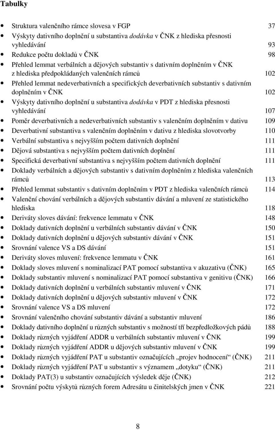 102 Výskyty dativního doplnění u substantiva dodávka v PDT z hlediska přesnosti vyhledávání 107 Poměr deverbativních a nedeverbativních substantiv s valenčním doplněním v dativu 109 Deverbativní