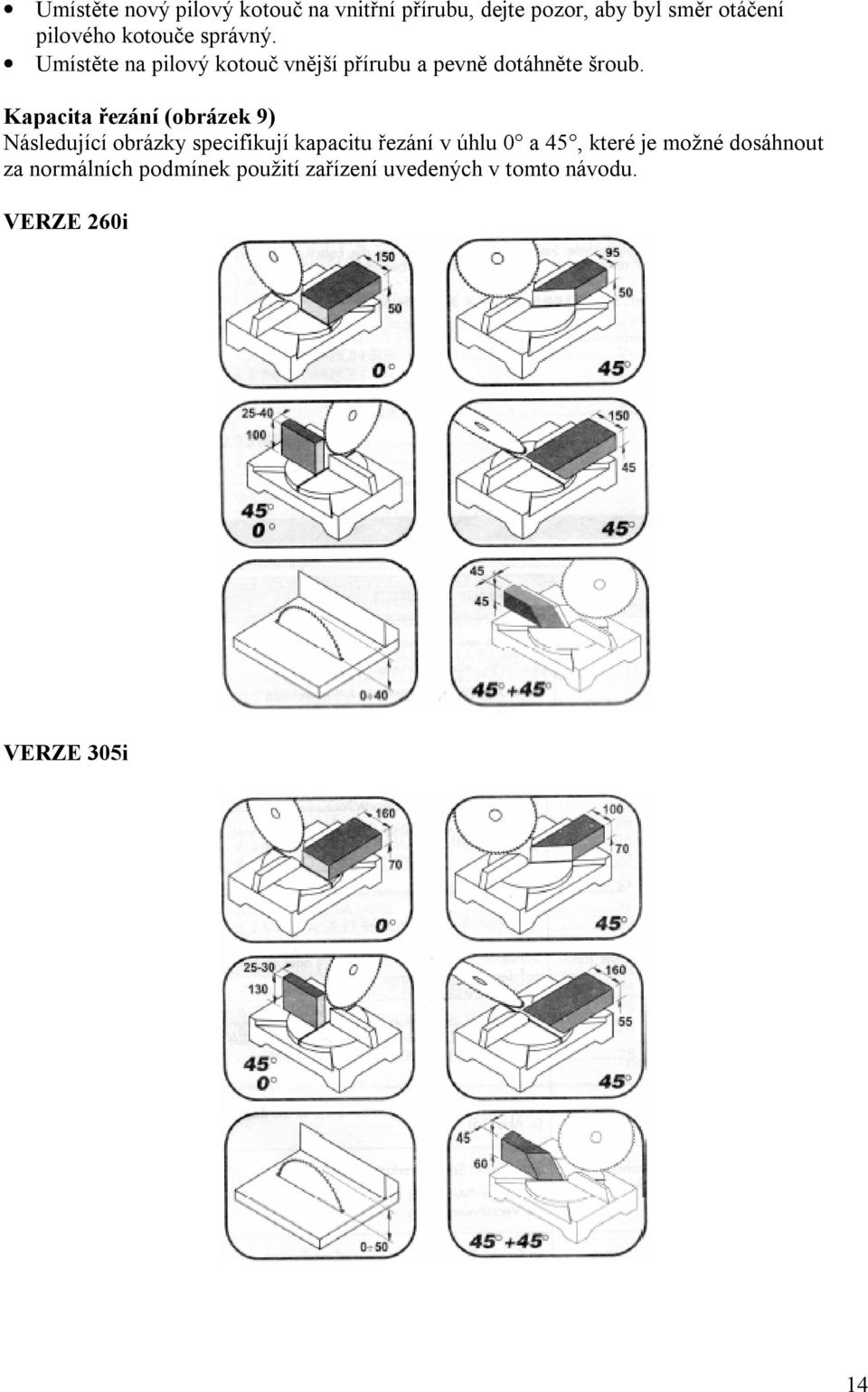 Kapacita řezání (obrázek 9) Následující obrázky specifikují kapacitu řezání v úhlu 0 a 45,