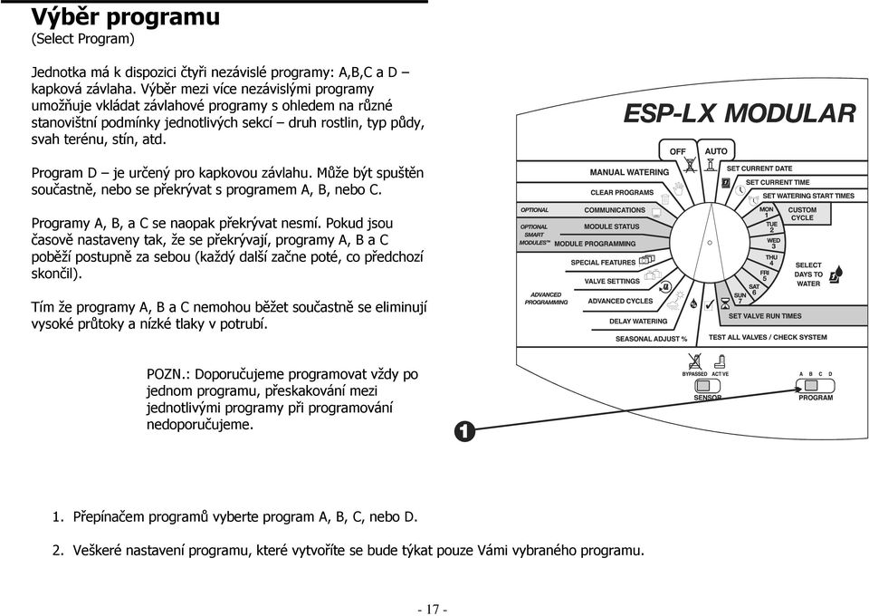 Program D je určený pro kapkovou závlahu. Může být spuštěn součastně, nebo se překrývat s programem A, B, nebo C. Programy A, B, a C se naopak překrývat nesmí.