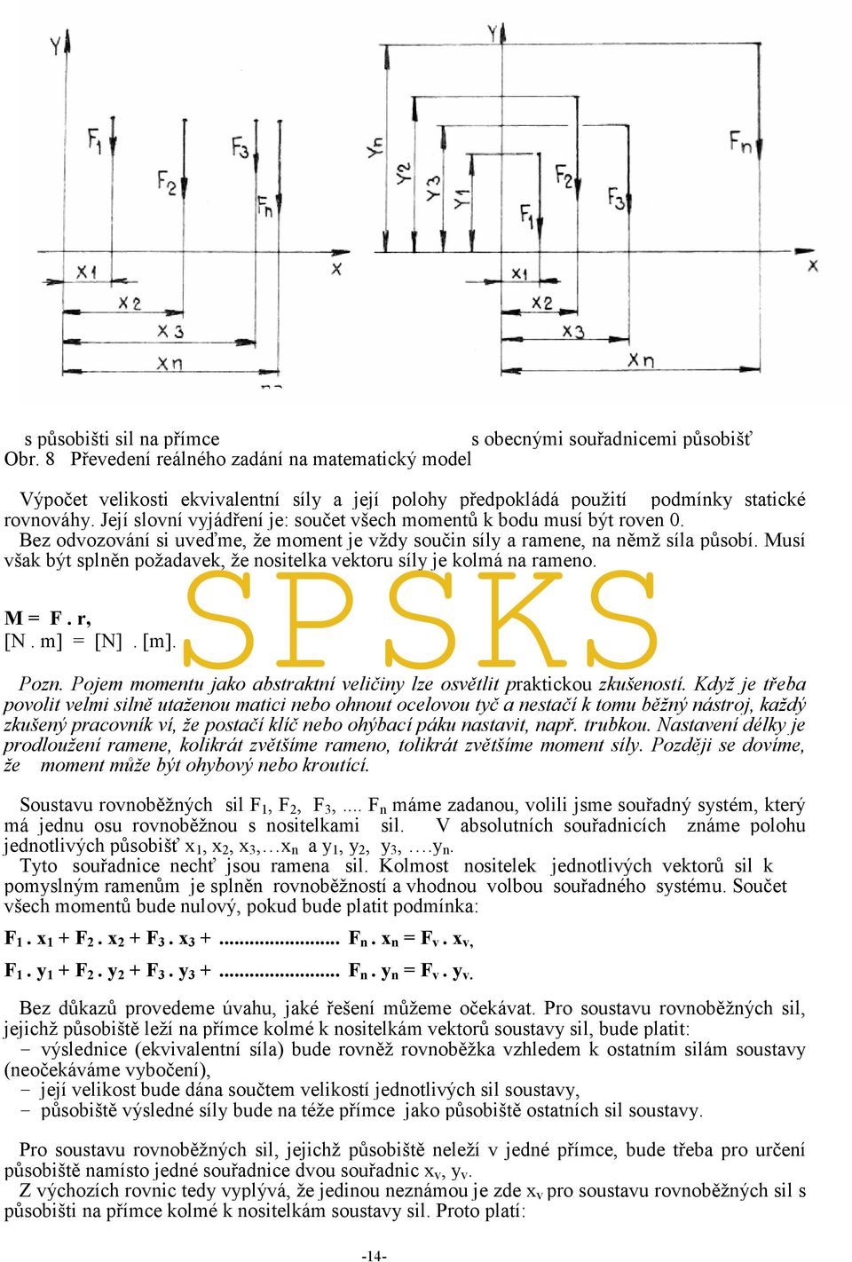 Musí však být splněn požadavek, že nositelka vektoru síly je kolmá na rameno. Výpočet velikosti ekvivalentní síly a její polohy předpokládá použití M = F. r, [N. m] = [N]. [m]. Pozn.