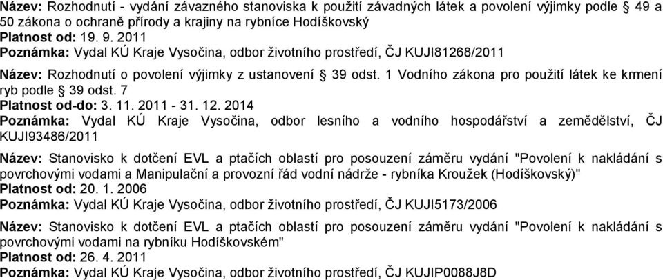 1 Vodního zákona pro použití látek ke krmení ryb podle 39 odst. 7 Platnost od-do: 3. 11. 2011-31. 12.