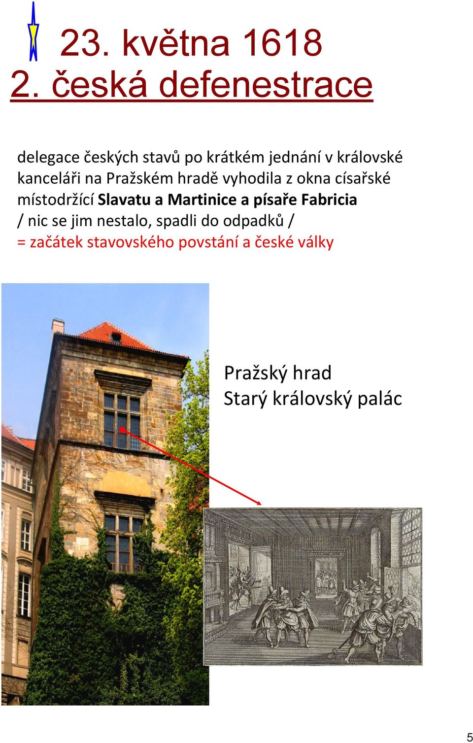 kanceláři na Pražském hradě vyhodila z okna císařské místodržící Slavatu a