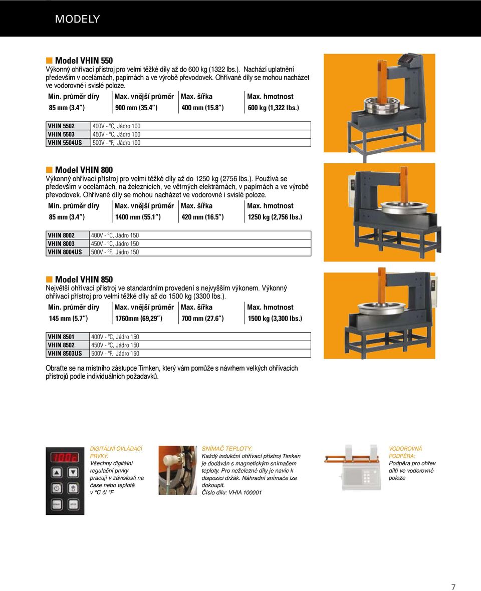 ) VHIN 5502 400V ºC, Jádro 100 VHIN 5503 450V ºC, Jádro 100 VHIN 5504US 500V ºF, Jádro 100 n Model VHIN 800 Výkonný ohřívací přístroj pro velmi těžké díly až do 1250 kg (2756 lbs.). Používá se především v ocelárnách, na železnicích, ve větrných elektrárnách, v papírnách a ve výrobě převodovek.