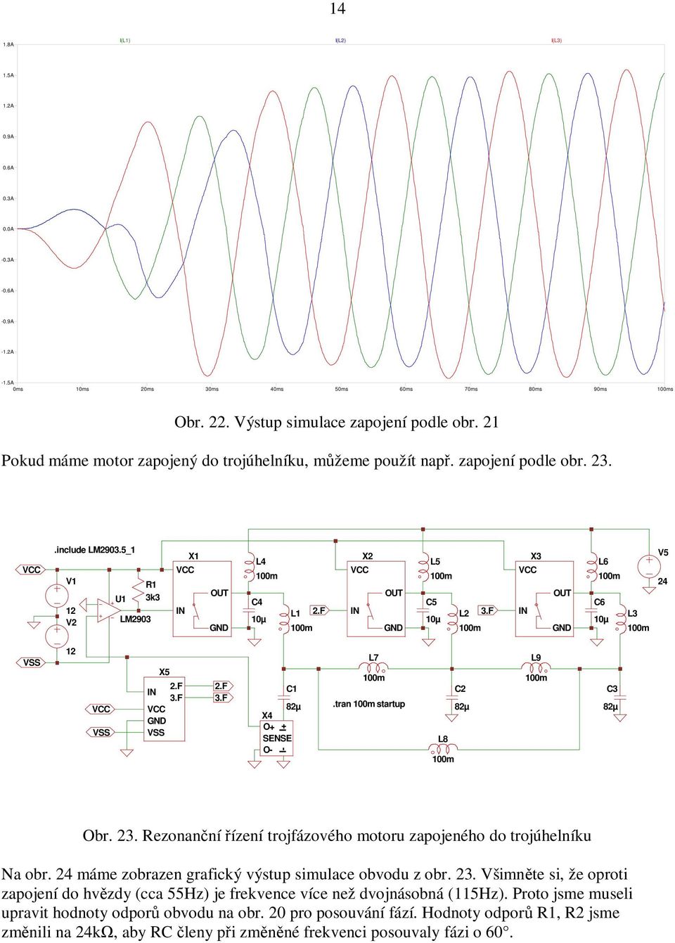 tran startup 82µ L8 L9 C3 82µ Obr. 23. Rezonanční řízení trojfázového motoru zapojeného do trojúhelníku Na obr. máme zobrazen grafický výstup simulace obvodu z obr. 23. Všimněte si, že oproti zapojení do hvězdy (cca 55Hz) je frekvence více než dvojnásobná (115Hz).