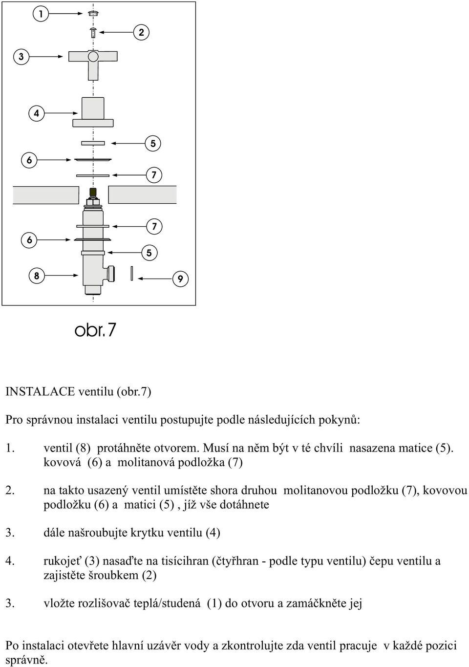 na takto usazený ventil umístìte shora druhou molitanovou podložku (7), kovovou podložku () a matici (), jíž vše dotáhnete. dále našroubujte krytku ventilu ().