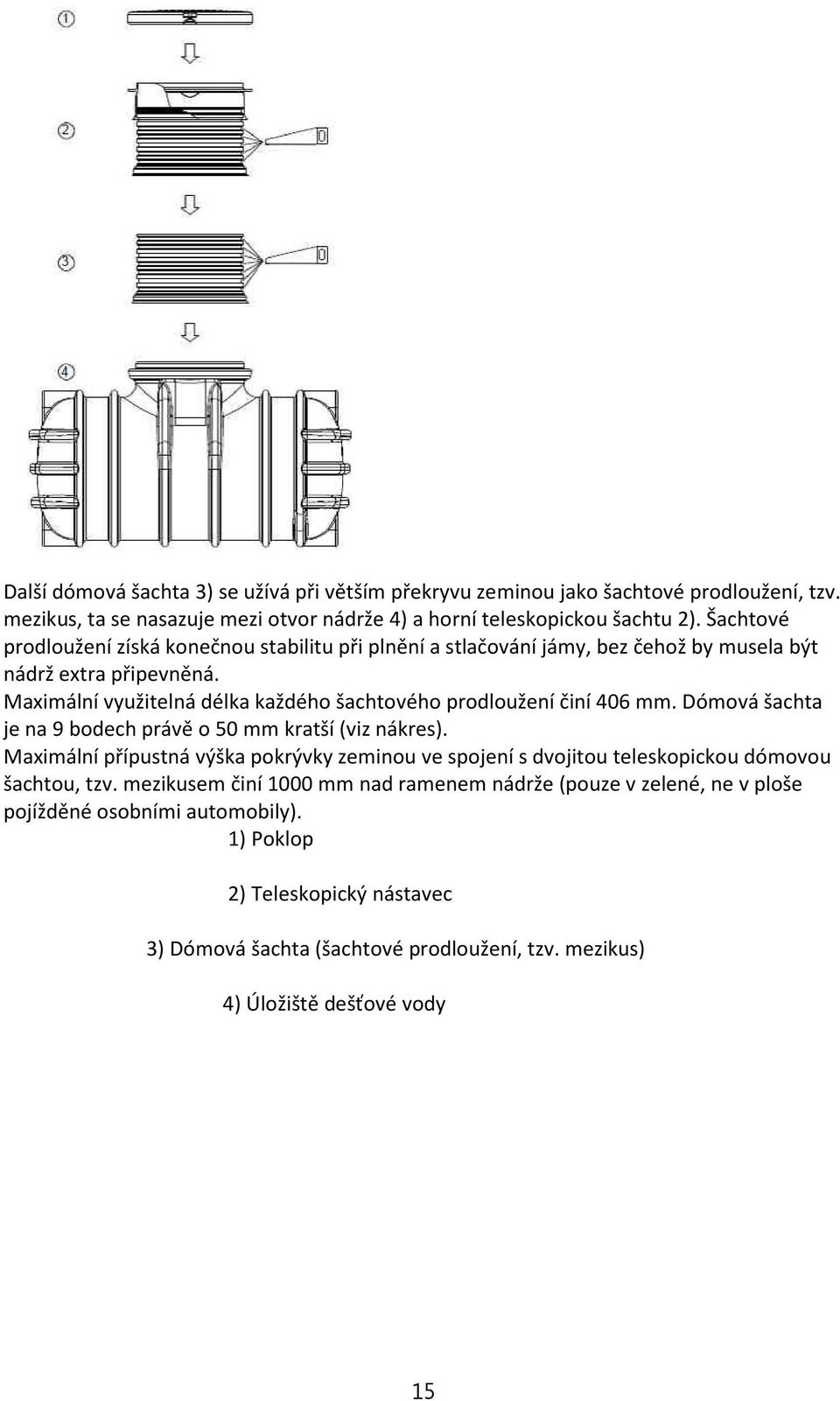 Maximální využitelná délka každého šachtového prodloužení činí 406 mm. Dómová šachta je na 9 bodech právě o 50 mm kratší (viz nákres).