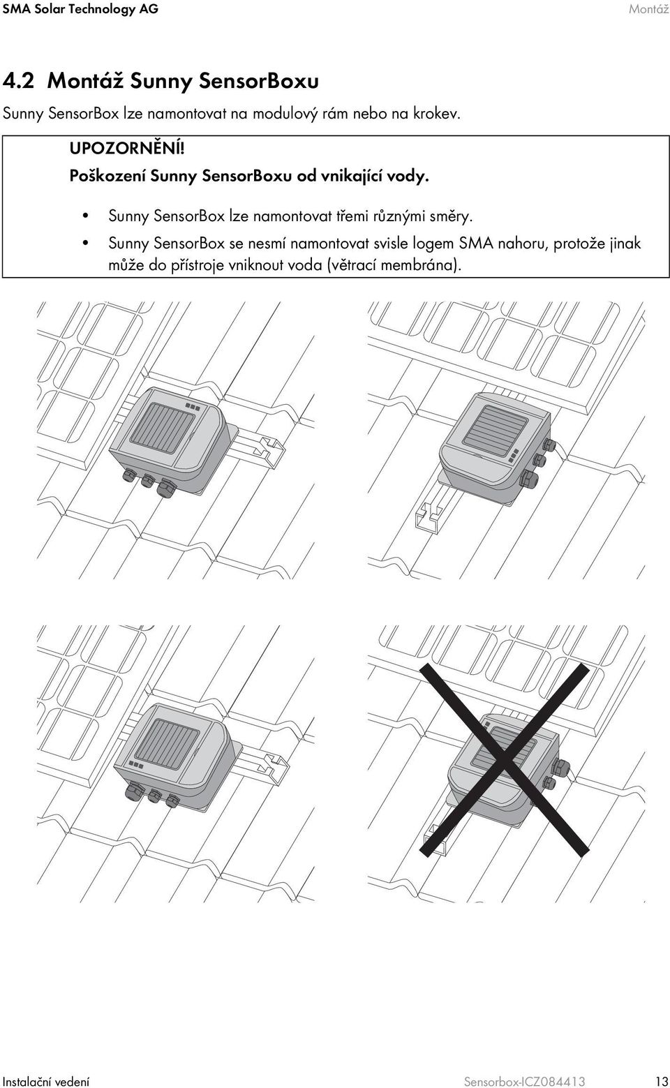 Poškození Sunny SensorBoxu od vnikající vody. Sunny SensorBox lze namontovat třemi různými směry.