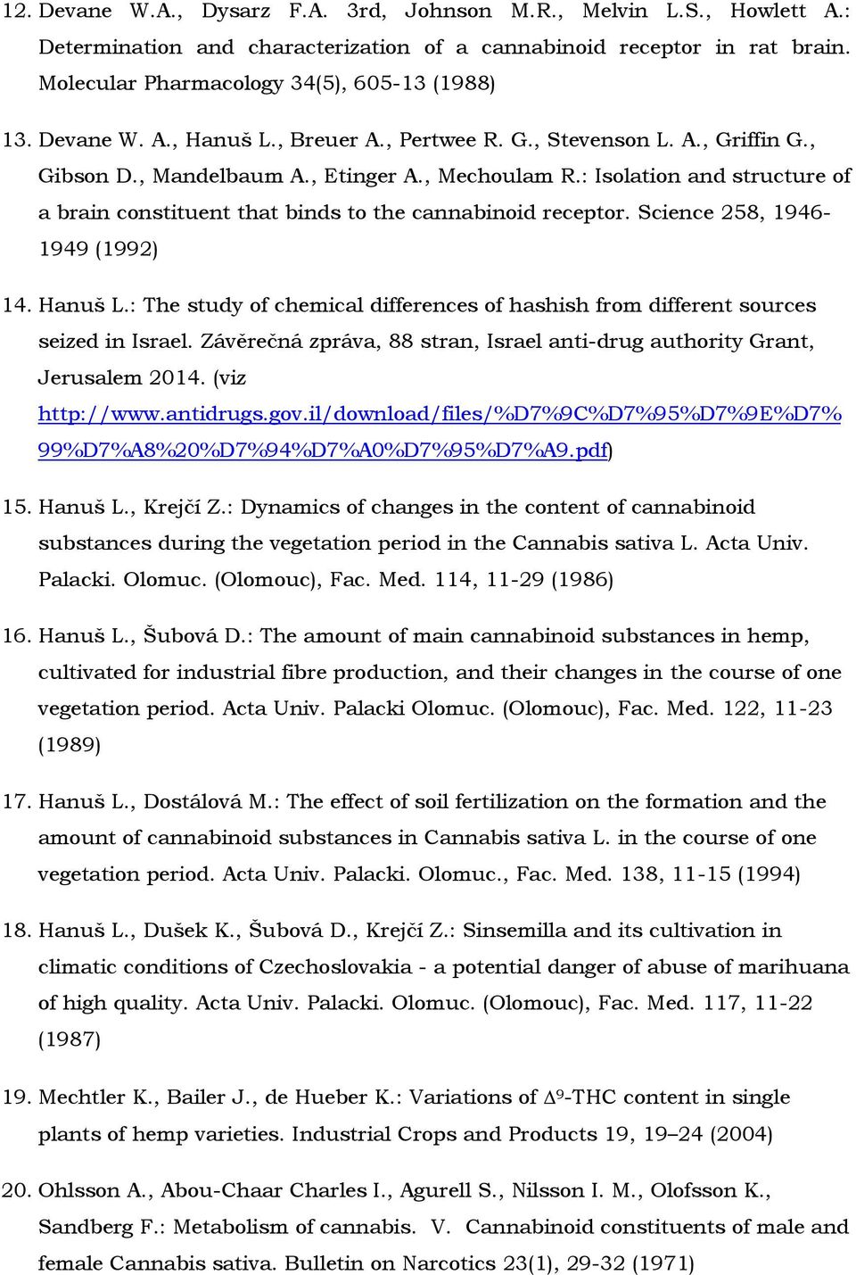 : Isolation and structure of a brain constituent that binds to the cannabinoid receptor. Science 258, 1946-1949 (1992) 14. Hanuš L.