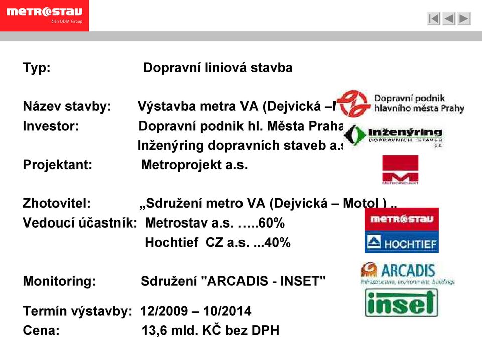 a Praha a.s Inženýring dopravních staveb a.s. Metroprojekt a.s. Zhotovitel: Sdružení metro VA (Dejvická Motol ) Vedoucí účastník: Metrostav a.