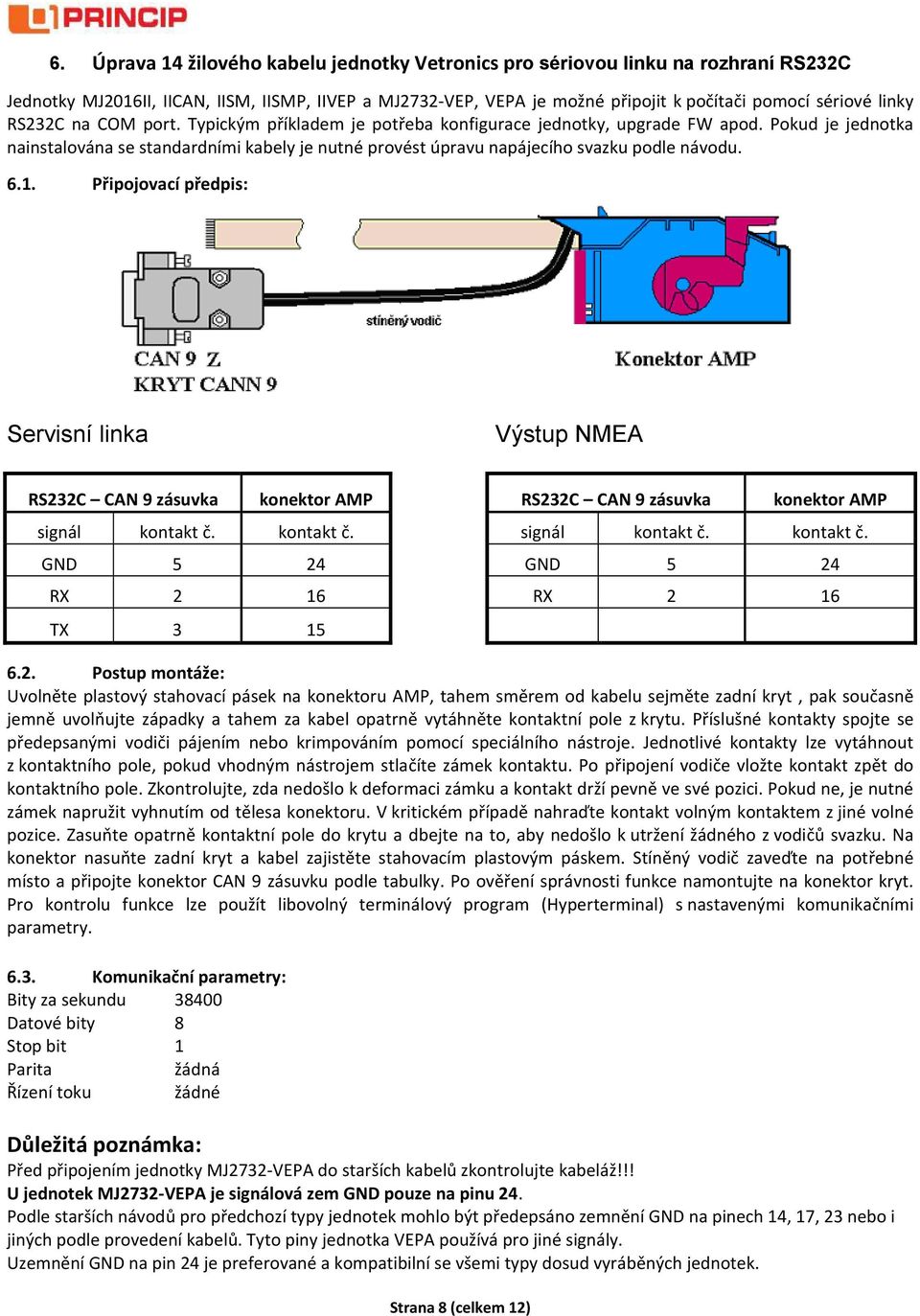 6.1. Připojovací předpis: Servisní linka Výstup NMEA RS232C CAN 9 zásuvka konektor AMP signál kontakt č. kontakt č. GND 5 24 RX 2 16 TX 3 15 RS232C CAN 9 zásuvka konektor AMP signál kontakt č.