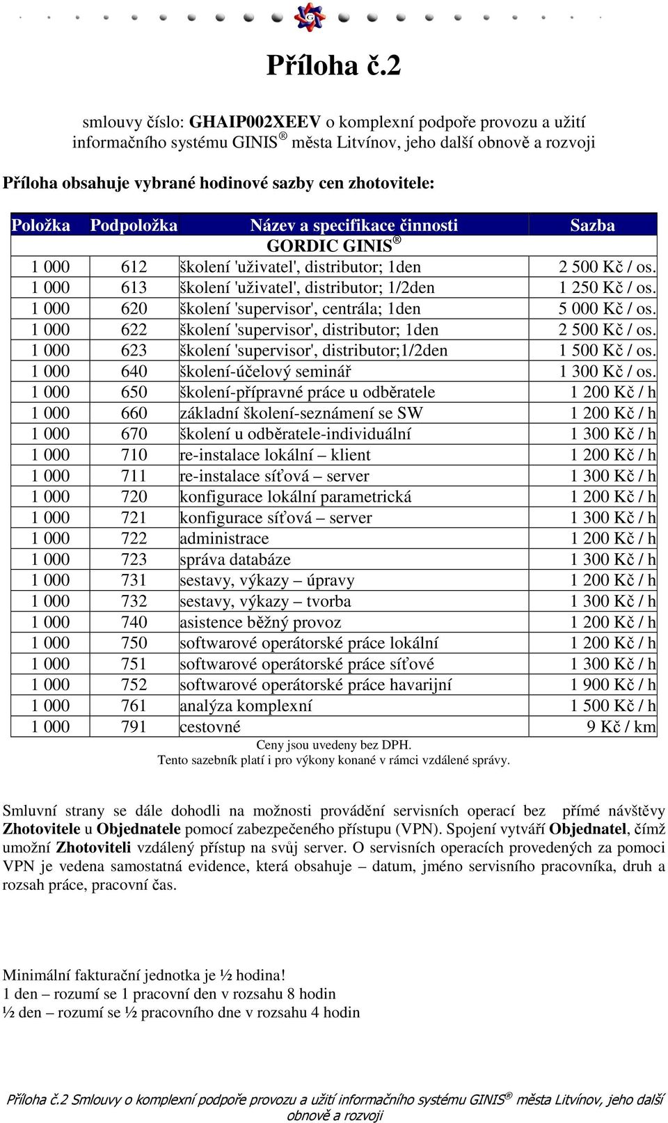 Položka Podpoložka Název a specifikace činnosti Sazba GORDIC GINIS 1 000 612 školení 'uživatel', distributor; 1den 2 500 Kč / os. 1 000 613 školení 'uživatel', distributor; 1/2den 1 250 Kč / os.