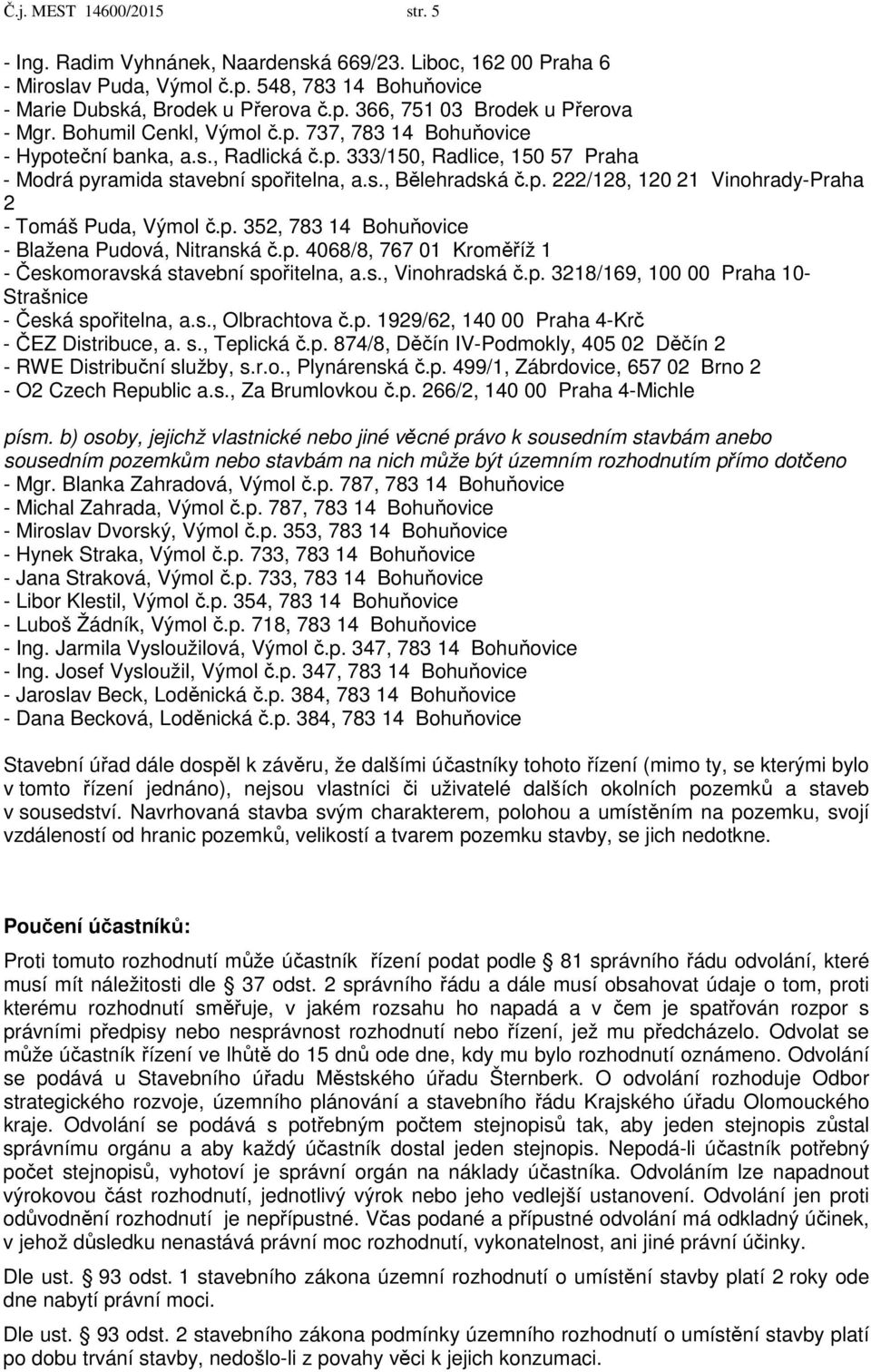 p. 352, 783 14 Bohuňovice - Blažena Pudová, Nitranská č.p. 4068/8, 767 01 Kroměříž 1 - Českomoravská stavební spořitelna, a.s., Vinohradská č.p. 3218/169, 100 00 Praha 10- Strašnice - Česká spořitelna, a.