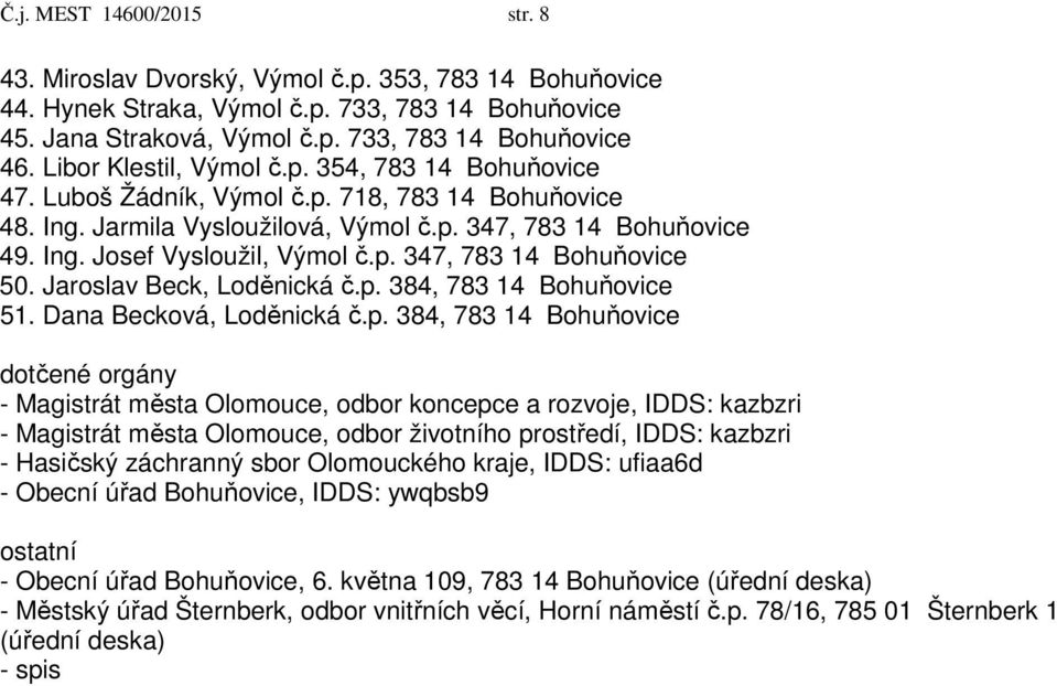 p. 347, 783 14 Bohuňovice 50. Jaroslav Beck, Loděnická č.p. 384, 783 14 Bohuňovice 51. Dana Becková, Loděnická č.p. 384, 783 14 Bohuňovice dotčené orgány - Magistrát města Olomouce, odbor koncepce a