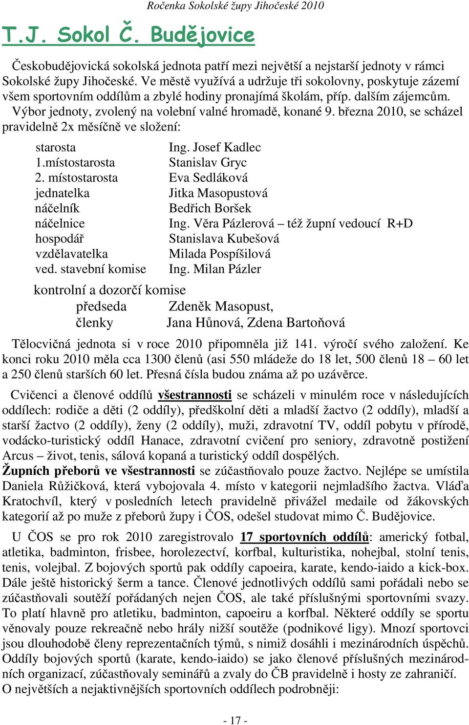 března 2010, se scházel pravidelně 2x měsíčně ve složení: starosta Ing. Josef Kadlec 1.místostarosta Stanislav Gryc 2.