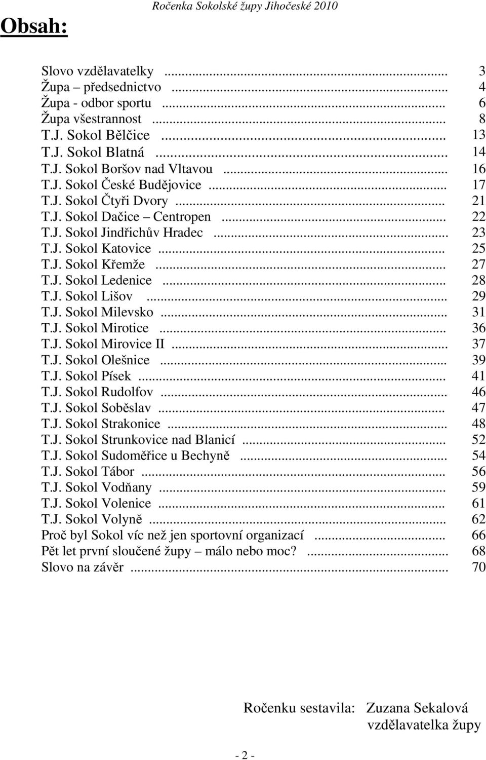 .. 28 T.J. Sokol Lišov... 29 T.J. Sokol Milevsko... 31 T.J. Sokol Mirotice... 36 T.J. Sokol Mirovice II... 37 T.J. Sokol Olešnice... 39 T.J. Sokol Písek... 41 T.J. Sokol Rudolfov... 46 T.J. Sokol Soběslav.