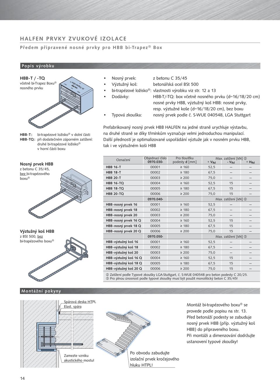 betonářská ocel BSt 500 bi-trapézové ložisko : vlastnosti výrobku viz str. 12 a 13 Dodávky: HBB-T/-TQ: box včetně nosného prvku (d=16/18/20 cm) nosné prvky HBB, výztužný koš HBB: nosné prvky, resp.