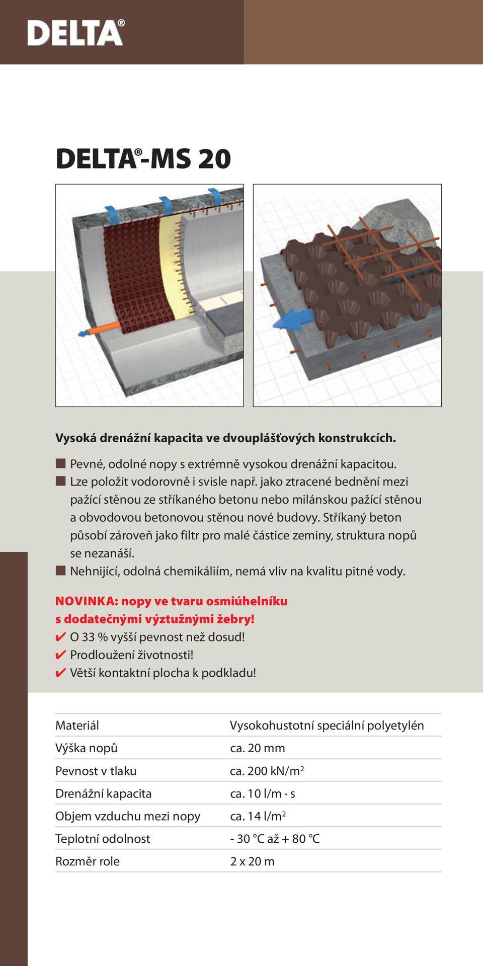 Stříkaný beton působí zároveň jako filtr pro malé částice zeminy, struktura nopů se nezanáší. Nehnijící, odolná chemikáliím, nemá vliv na kvalitu pitné vody.