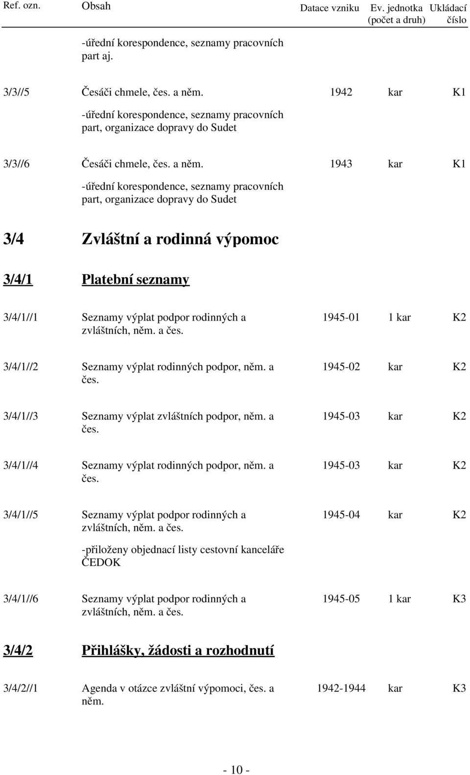 1943 kar -úřední korespondence, seznamy pracovních part, organizace dopravy do Sudet 3/4 Zvláštní a rodinná výpomoc 3/4/1 Platební seznamy 3/4/1//1 Seznamy výplat podpor rodinných a zvláštních, něm.