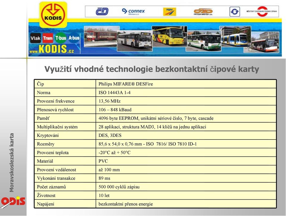 1-4 13,56 MHz 106 848 kbaud 4096 byte EEPROM, unikátní sériové číslo, 7 byte, cascade 28 aplikací, struktura MAD3, 14 klíčů na jednu aplikaci