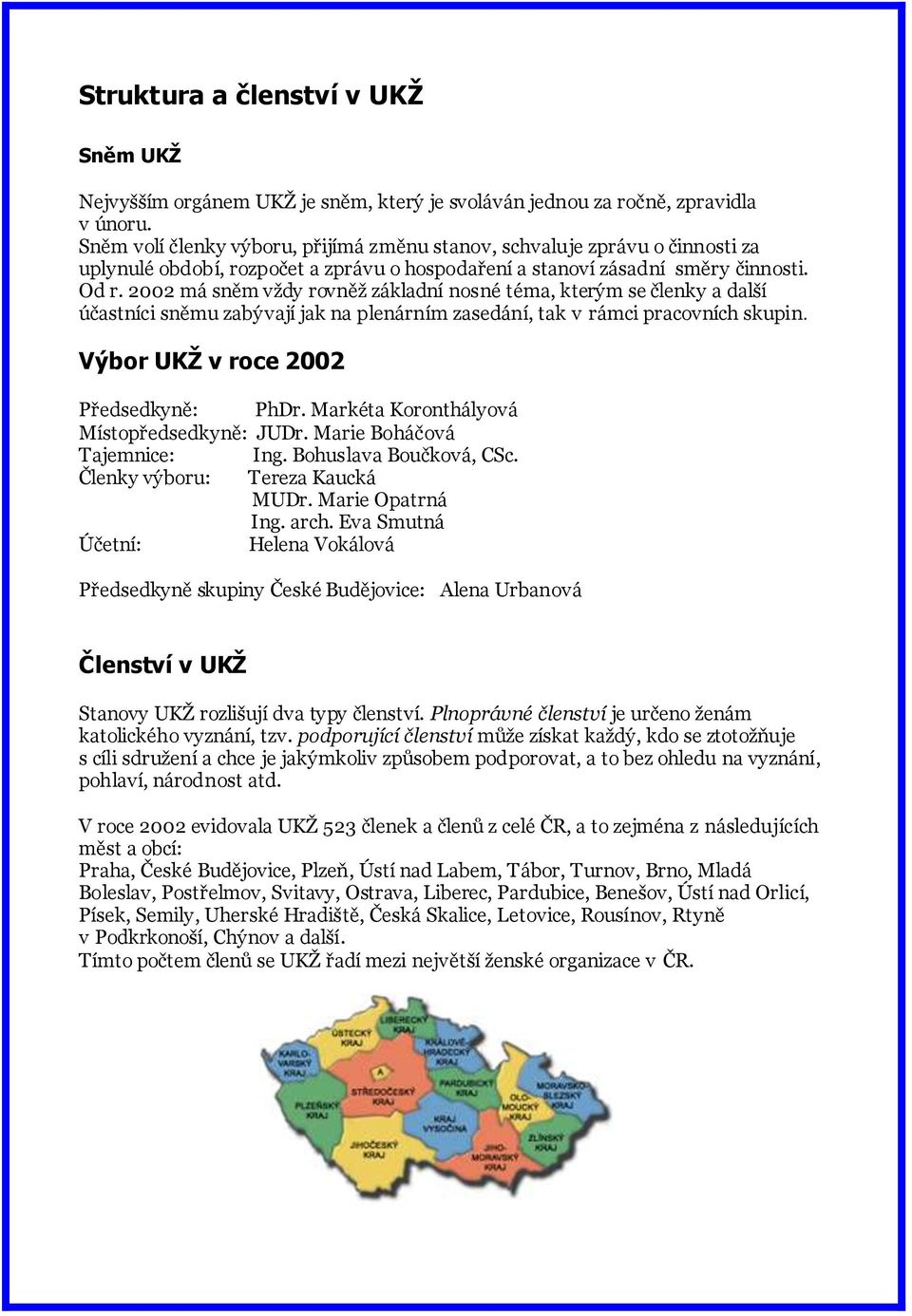 2002 má sněm vţdy rovněţ základní nosné téma, kterým se členky a další účastníci sněmu zabývají jak na plenárním zasedání, tak v rámci pracovních skupin. Výbor UKŽ v roce 2002 Předsedkyně: PhDr.