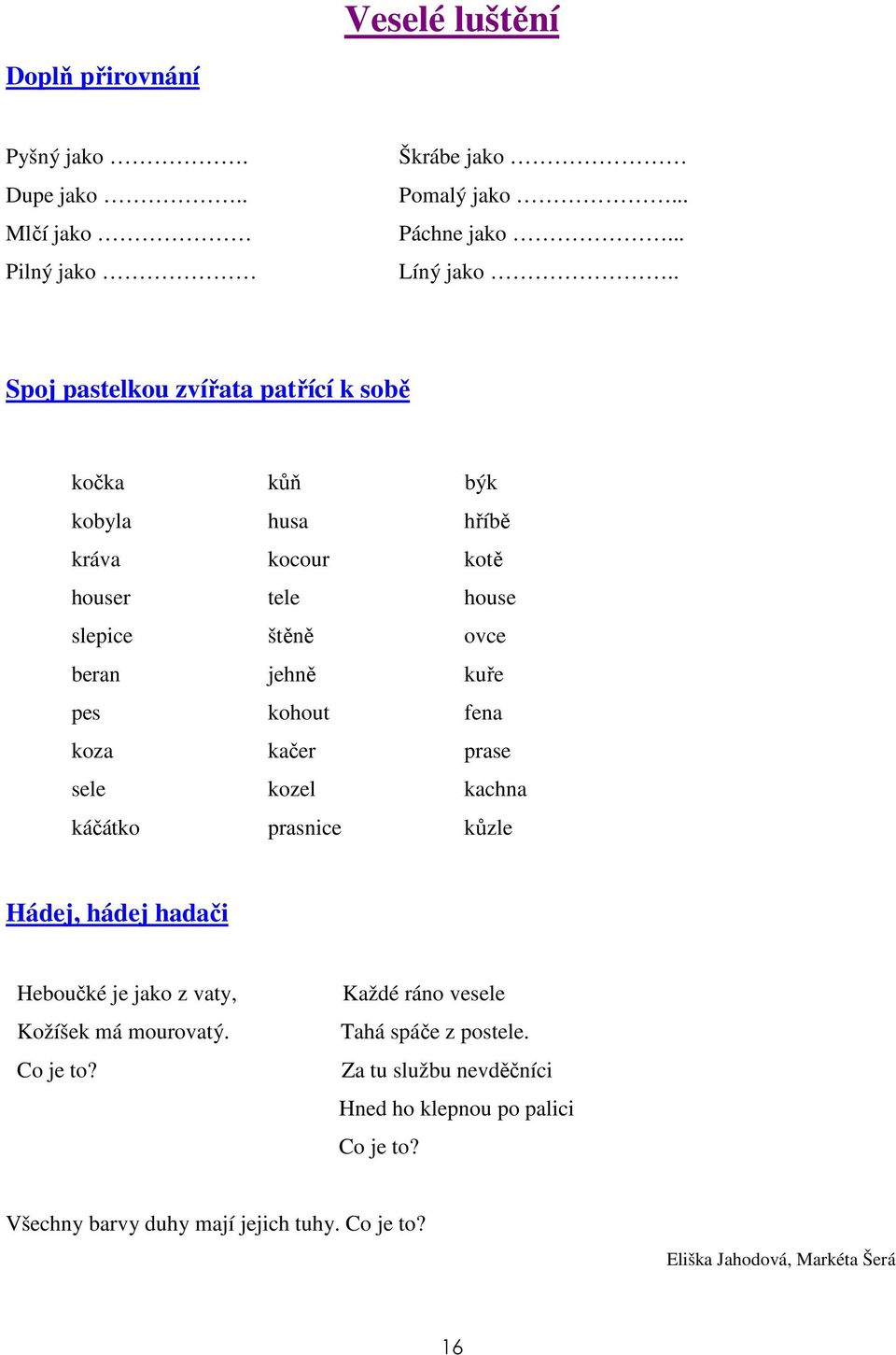 kohout fena koza kačer prase sele kozel kachna káčátko prasnice kůzle Hádej, hádej hadači Heboučké je jako z vaty, Kožíšek má mourovatý. Co je to?