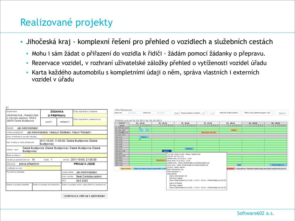 Rezervace vozidel, v rozhraní uživatelské záložky přehled o vytíženosti vozidel úřadu Karta