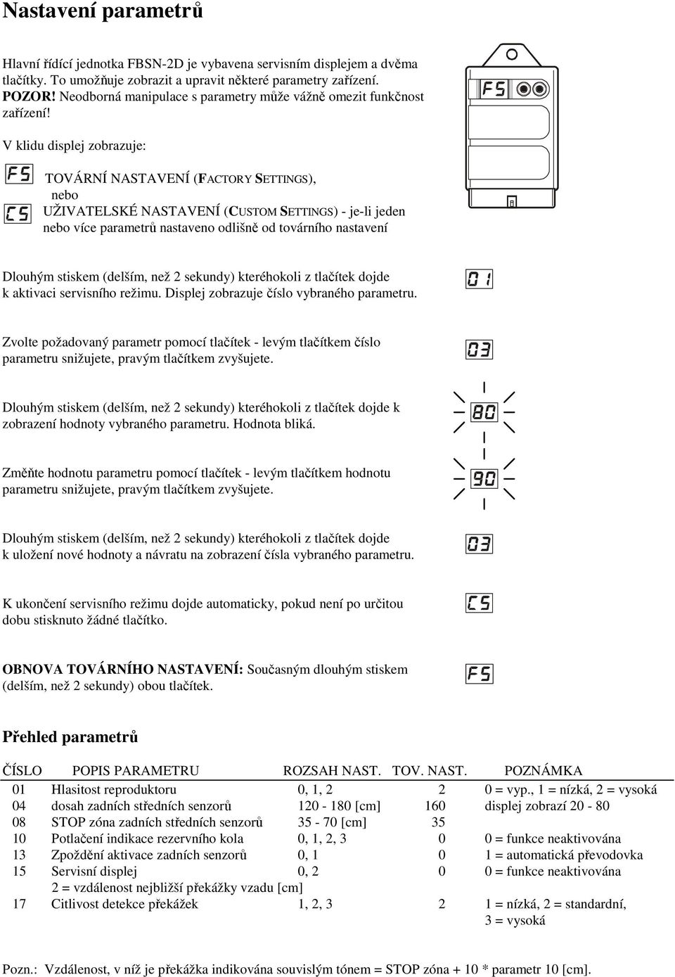 V klidu displej zobrazuje: TOVÁRNÍ NASTAVENÍ (FACTORY SETTINGS), nebo UŽIVATELSKÉ NASTAVENÍ (CUSTOM SETTINGS) - je-li jeden nebo více parametrů nastaveno odlišně od továrního nastavení Dlouhým