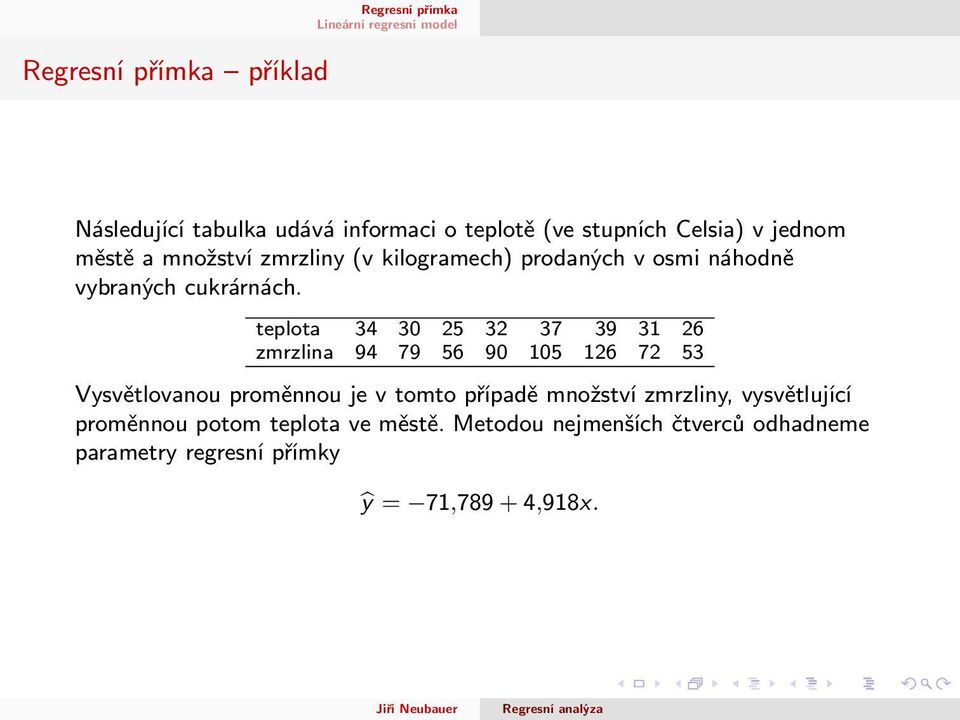 teplota 34 30 25 32 37 39 31 26 zmrzlina 94 79 56 90 105 126 72 53 Vysvětlovanou proměnnou je v tomto případě