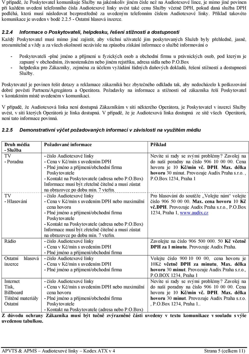2.5 - Ostatní hlasová inzerce. 2.2.4 Informace o Poskytovateli, helpdesku, řešení stížností a dostupnosti Každý Poskytovatel musí mimo jiné zajistit, aby všichni uživatelé jím poskytovaných Služeb