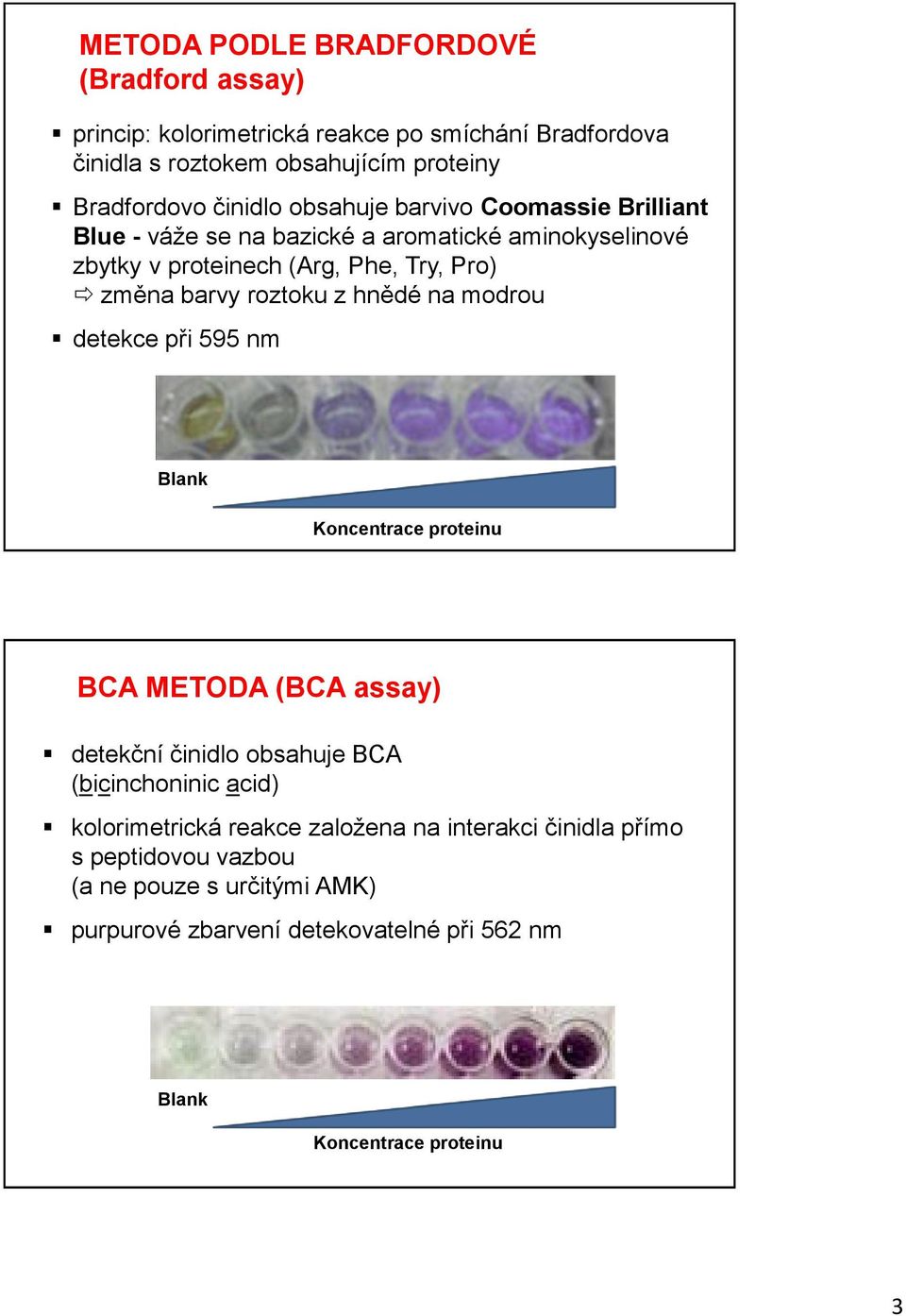 hnědé na modrou detekce při 595 nm Blank Koncentrace proteinu BCA METODA (BCA assay) detekční činidlo obsahuje BCA (bicinchoninic acid) kolorimetrická