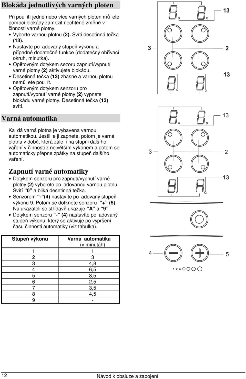 Opětovným dotykem sezoru zapnutí/vypnutí varné plotny (2) aktivujete blokádu. Desetinná tečka (13) zhasne a varnou plotnu nemůete pouít.