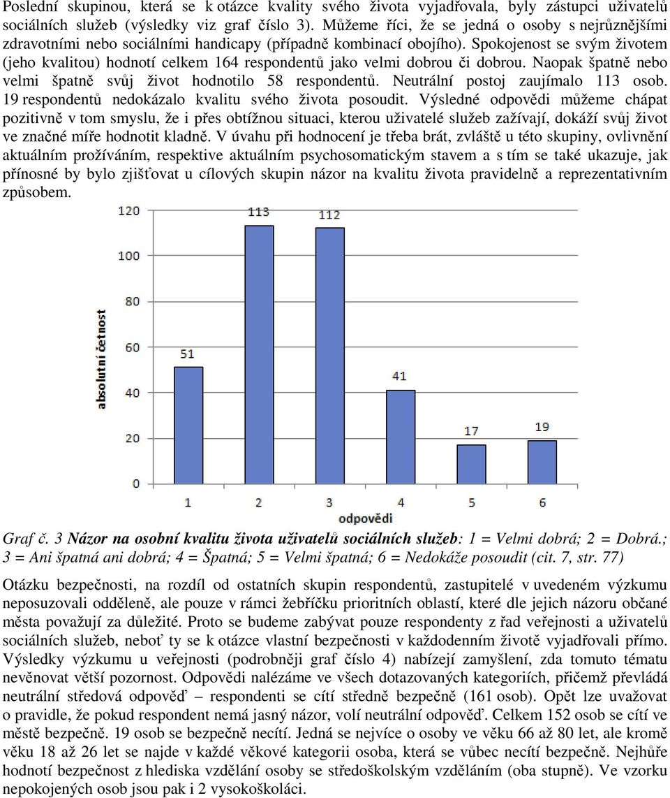 Spokojenost se svým životem (jeho kvalitou) hodnotí celkem 164 respondentů jako velmi dobrou či dobrou. Naopak špatně nebo velmi špatně svůj život hodnotilo 58 respondentů.